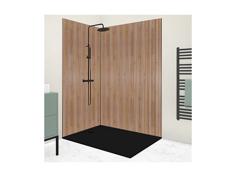 Pack 2 panneaux de douche en aluminium Marron effet Bois Japandi + 3 profilés Noirs - 99deco - 1 panneau de 90x220 cm et 1 panneau de 120x220 cm