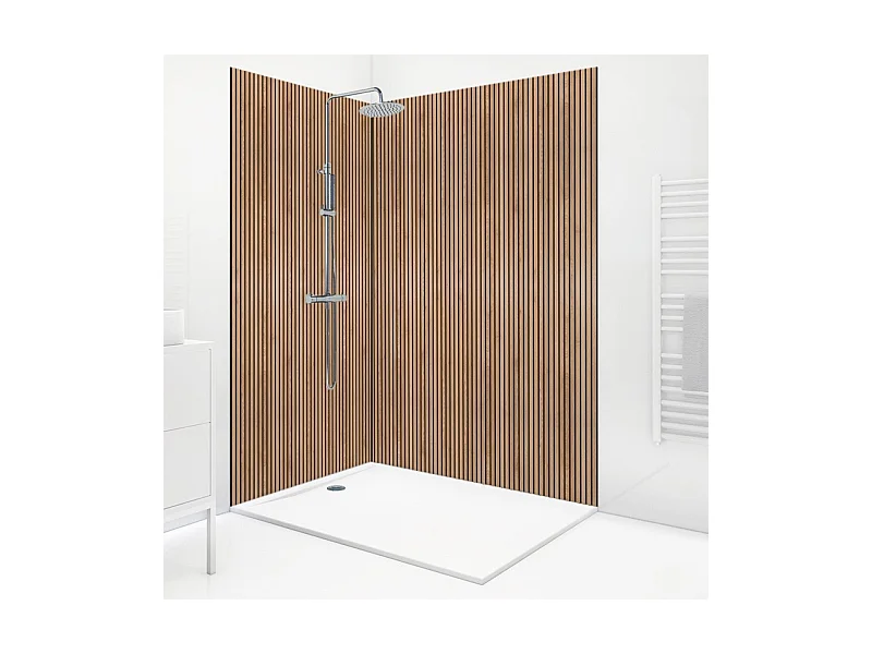 Pack 2 panneaux de douche en aluminium Marron effet Bois Japandi + 3 profilés Noirs - 99deco - 1 panneau de 90x220 cm et 1 panneau de 120x220 cm