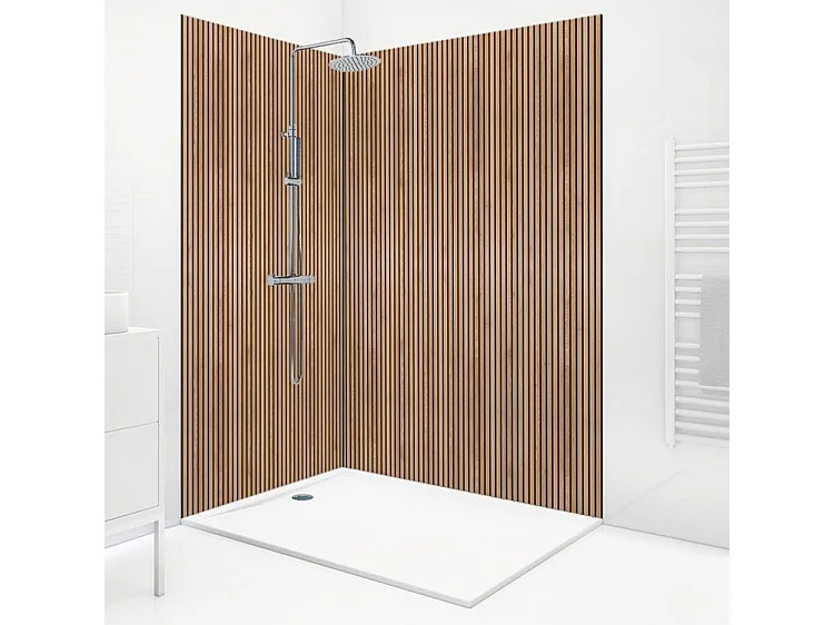 Lot de 2 panneaux de douche en aluminium effet bois (90x220 & 120x220 cm) + marron et noir + profilés noir - Japandi