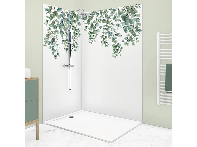 Lot de 2 panneaux de douche en aluminium (90x220 & 120x220 cm) + profilés blanc - Eucalyptus in Rain - Multicolore