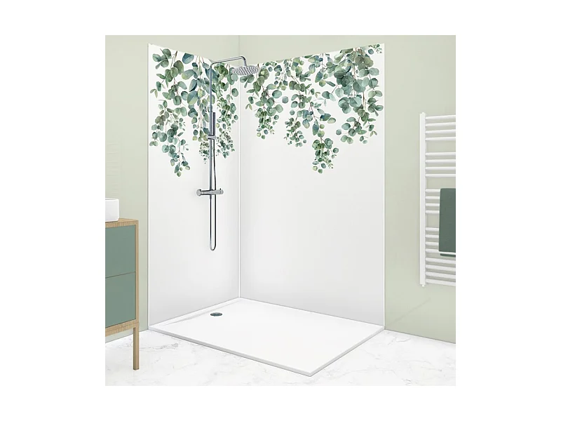 Lot de 2 panneaux de douche en aluminium (90x220 & 120x220 cm) + profilés blanc - Eucalyptus in Rain - Multicolore