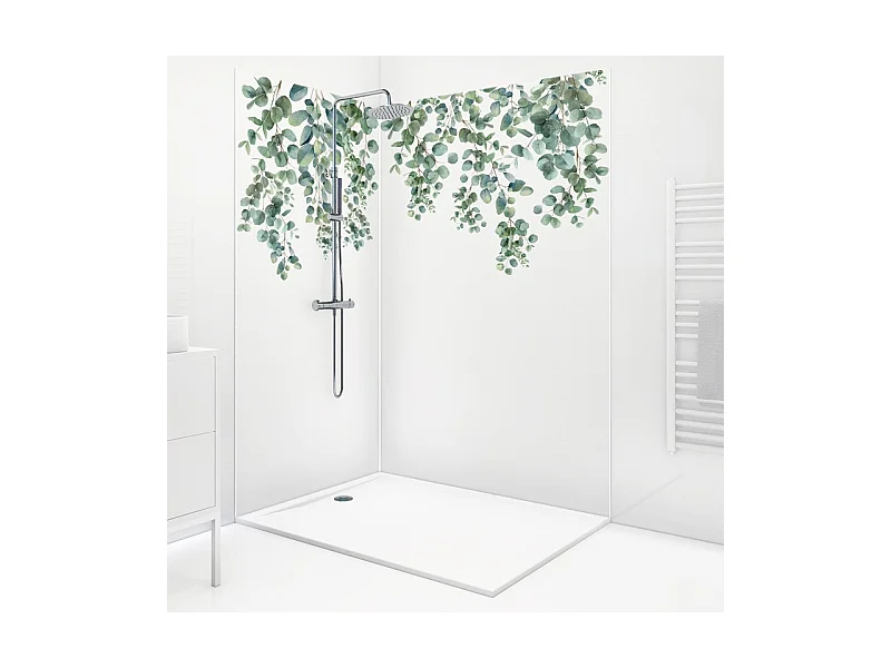 Lot de 2 panneaux de douche en aluminium (90x220 & 120x220 cm) + profilés blanc - Eucalyptus in Rain - Multicolore