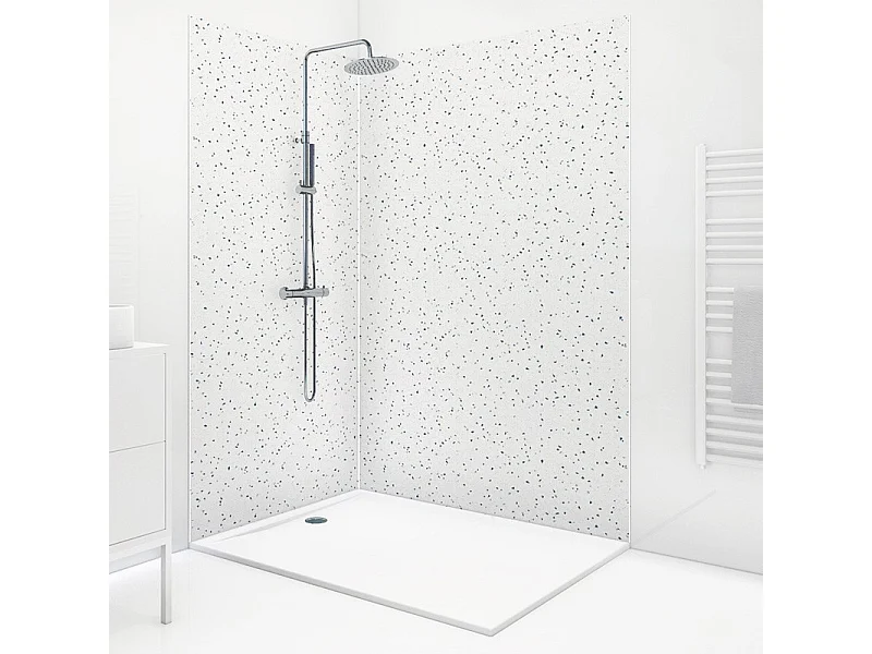 Lot de 2 panneaux de douche en aluminium (90x220 & 120x220 cm) + profilés blanc - Terrazzo Mineral - Multicolore