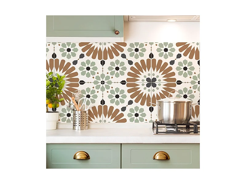 Crédence cuisine adhésive en aluminium effet carreaux de ciment marron et vert 240x45 cm (en 2 bandeaux)