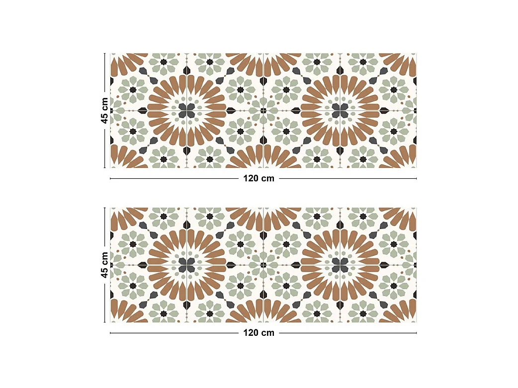 Crédence cuisine adhésive en aluminium effet carreaux de ciment marron et vert 240x45 cm (en 2 bandeaux)