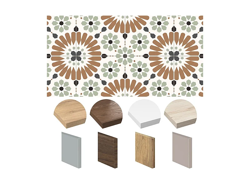 Crédence cuisine adhésive en aluminium effet carreaux de ciment marron et vert 240x45 cm (en 2 bandeaux)