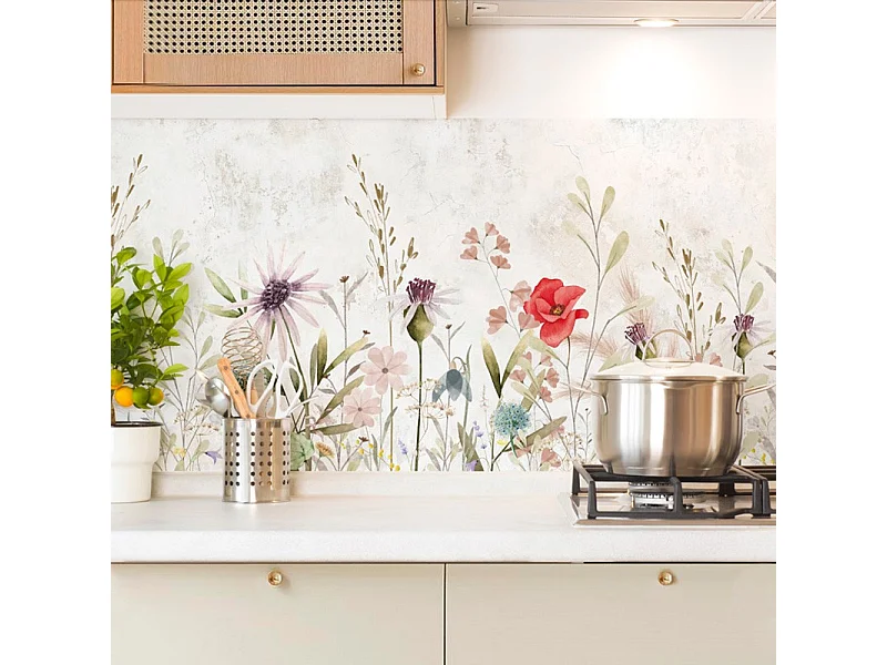 Crédence cuisine adhésive en aluminium motif floral marron 240x45 cm (en 2 bandeaux)