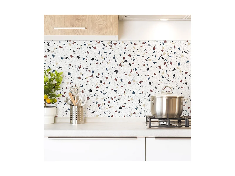 Crédence cuisine adhésive en aluminium motif terrazzo blanc 240x45 cm (en 2 bandeaux)