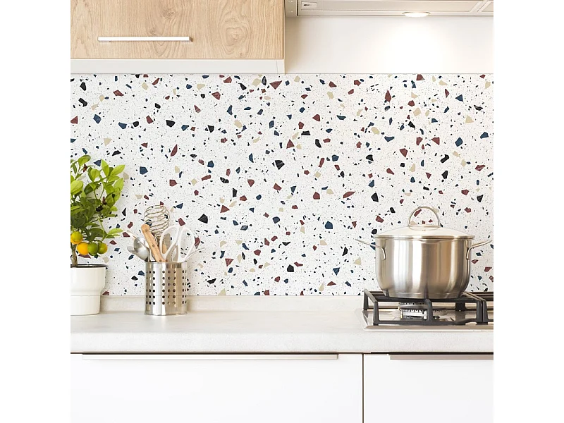 Crédence cuisine adhésive en aluminium motif terrazzo blanc 240x45 cm (en 2 bandeaux)