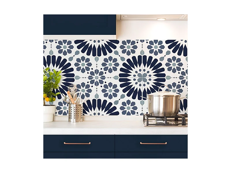 Crédence cuisine adhésive en aluminium effet carreaux de ciment bleu 240x45 cm (en 2 bandeaux)