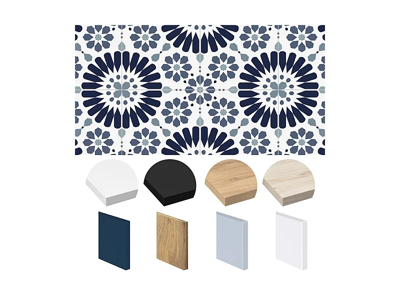 Crédence cuisine adhésive en aluminium effet carreaux de ciment bleu 240x45 cm (en 2 bandeaux)