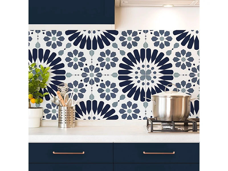 Crédence cuisine adhésive en aluminium effet carreaux de ciment bleu 240x45 cm (en 2 bandeaux)