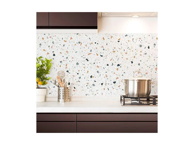 Crédence cuisine adhésive en aluminium motif terrazzo blanc 240x45 cm (en 2 bandeaux)