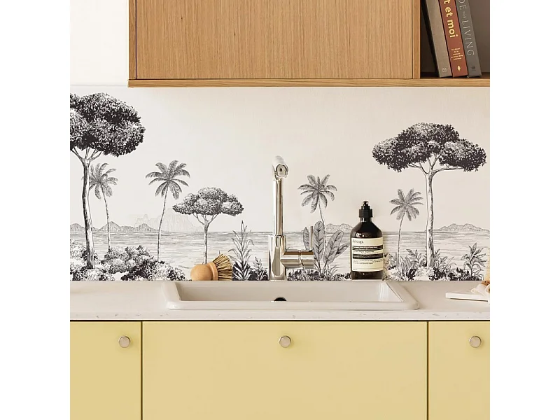 Crédence cuisine adhésive en aluminium motif plage noir 240x45 cm (en 2 bandeaux)