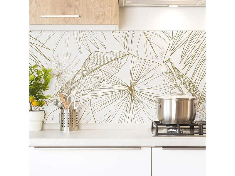 Crédence cuisine adhésive en aluminium floral caramel 240x45 cm (en 2 bandeaux)