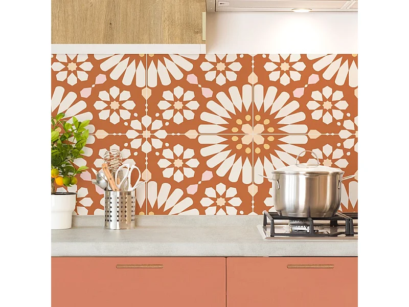 Crédence cuisine adhésive en aluminium effet carreaux de ciment orange 240x45 cm (en 2 bandeaux)