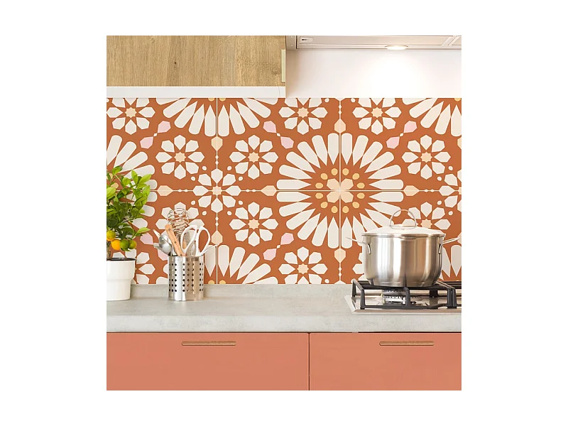 Crédence cuisine adhésive en aluminium effet carreaux de ciment orange 240x45 cm (en 2 bandeaux)