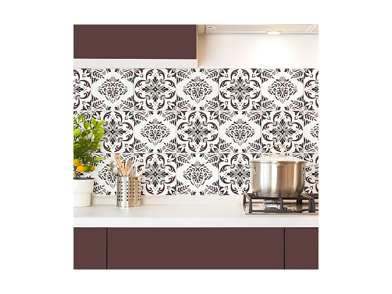 Crédence cuisine adhésive en aluminium style carreaux de ciment floral bordeaux 240x45 cm (en 2 bandeaux)