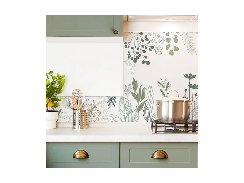 Crédence cuisine adhésive en aluminium floral vert - 200x20 cm (en 2 bandeaux)
