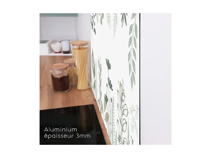 Crédence cuisine adhésive en aluminium floral vert - 200x20 cm (en 2 bandeaux)