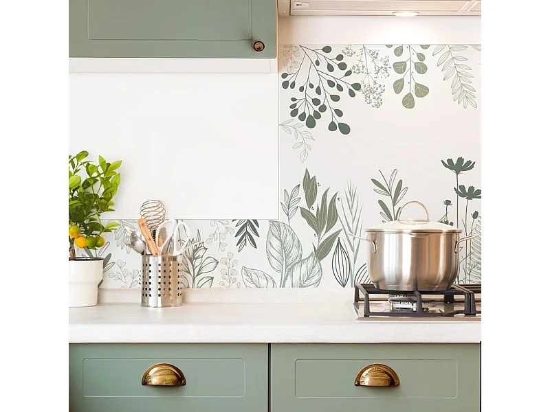 Crédence cuisine adhésive en aluminium floral vert - 200x20 cm (en 2 bandeaux)