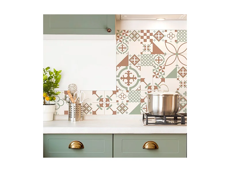 Fond de hotte adhésif en aluminium effet carreaux de ciment vert - 70x60 cm