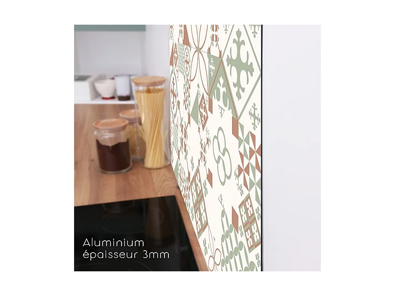 Fond de hotte adhésif en aluminium effet carreaux de ciment vert - 70x60 cm