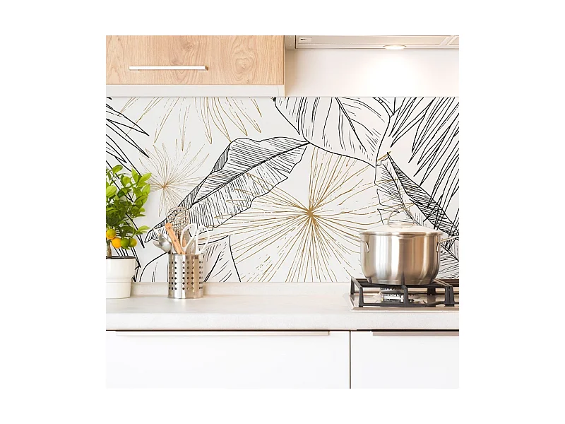 Crédence cuisine adhésive en aluminium floral noir et doré 240x45 cm (en 2 bandeaux)