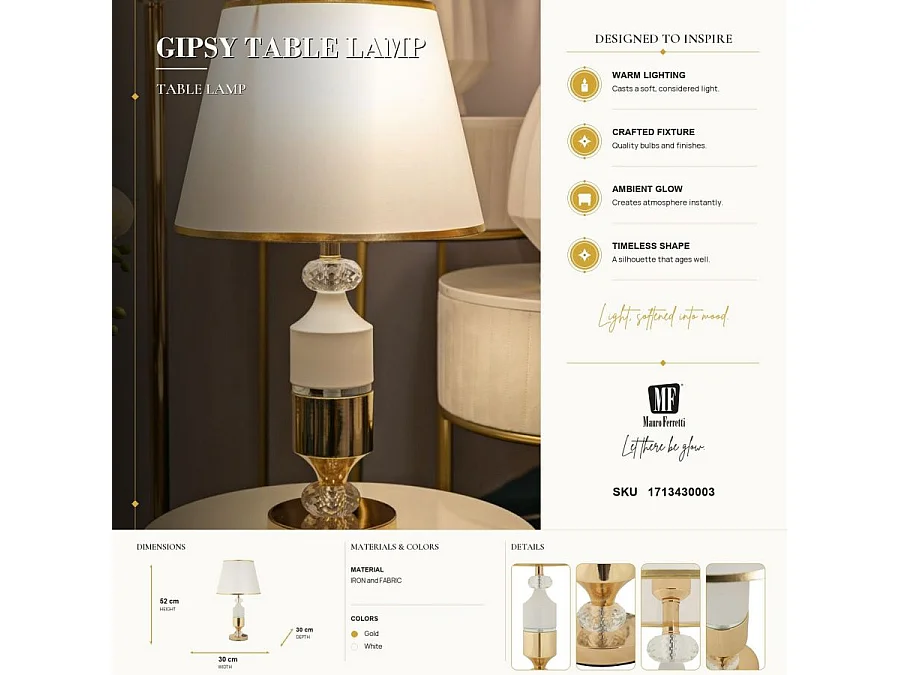 Lampe à Poser "Gipsy" 52cm Or & Blanc