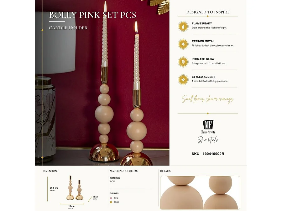 Kerzenhalter im 2er-Set für Innenräume - rosa, goldfarben, Eisen, Glamour-Stil - Bolly