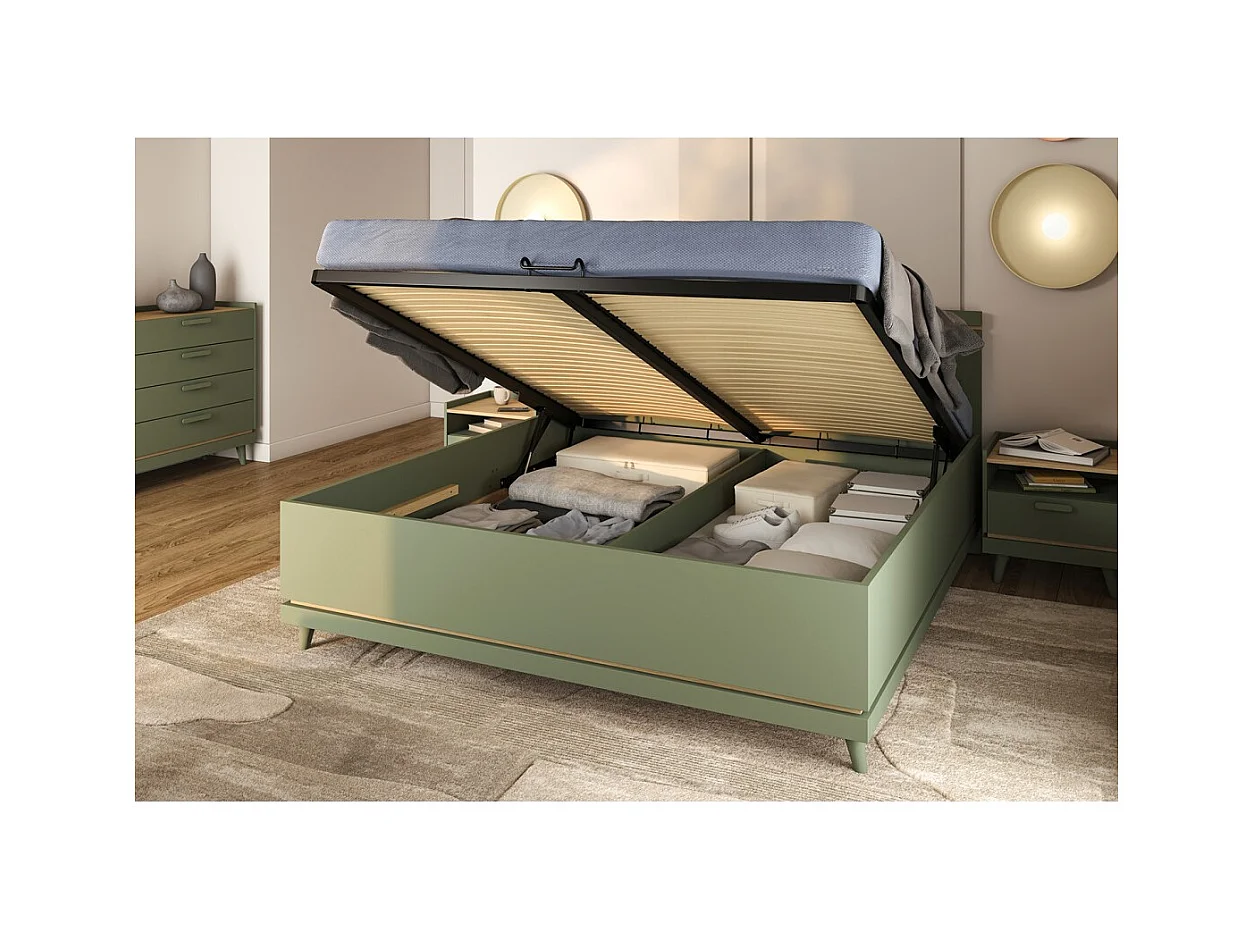 Lit coffre NOKI – 180x200 cm vert et bois – Style scandinave