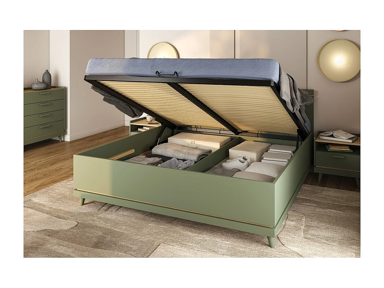 Lit coffre NOKI – 180x200 cm vert et bois – Style scandinave