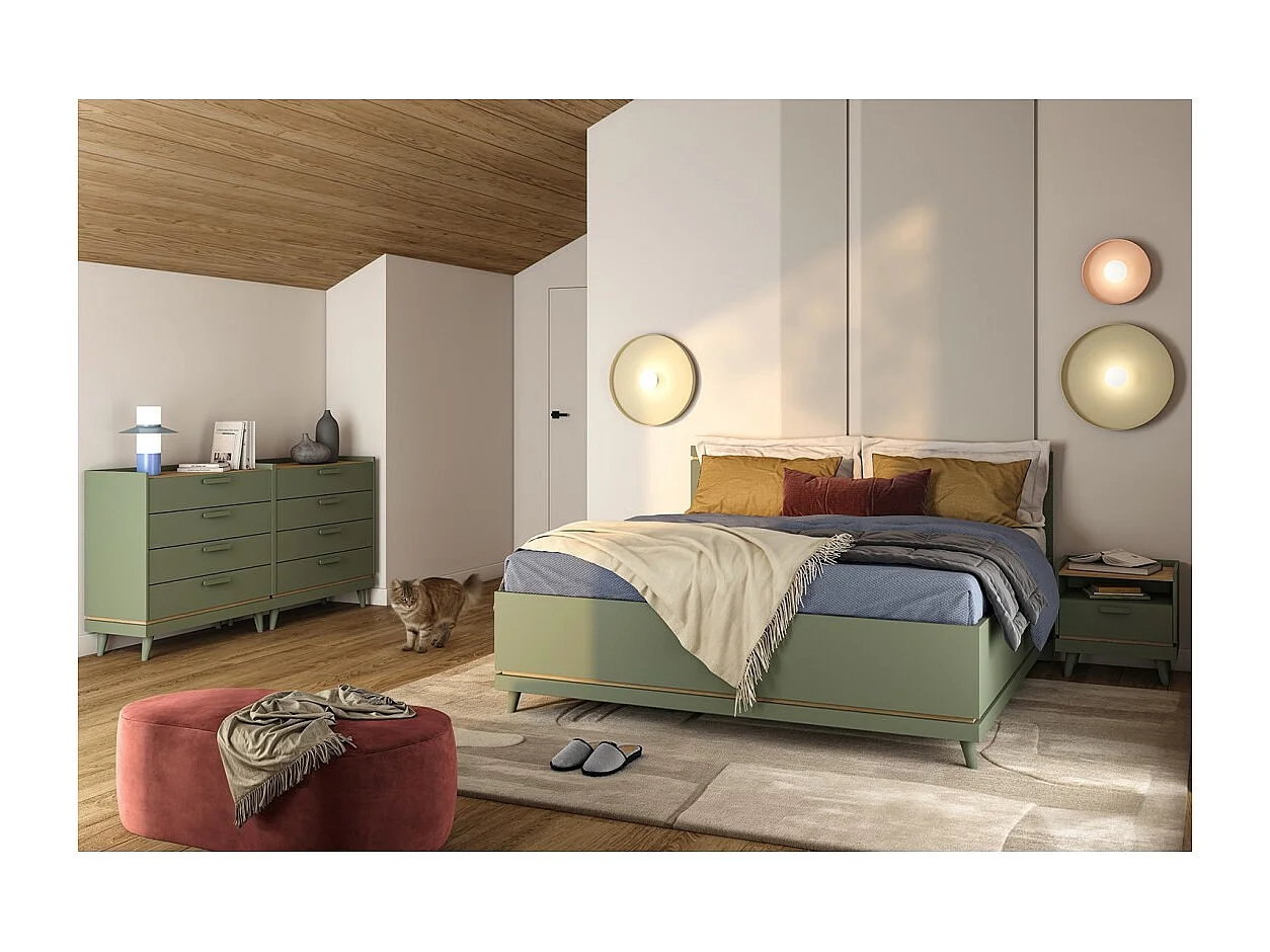Lit NOKI – 180x200 cm vert et bois – Style scandinave