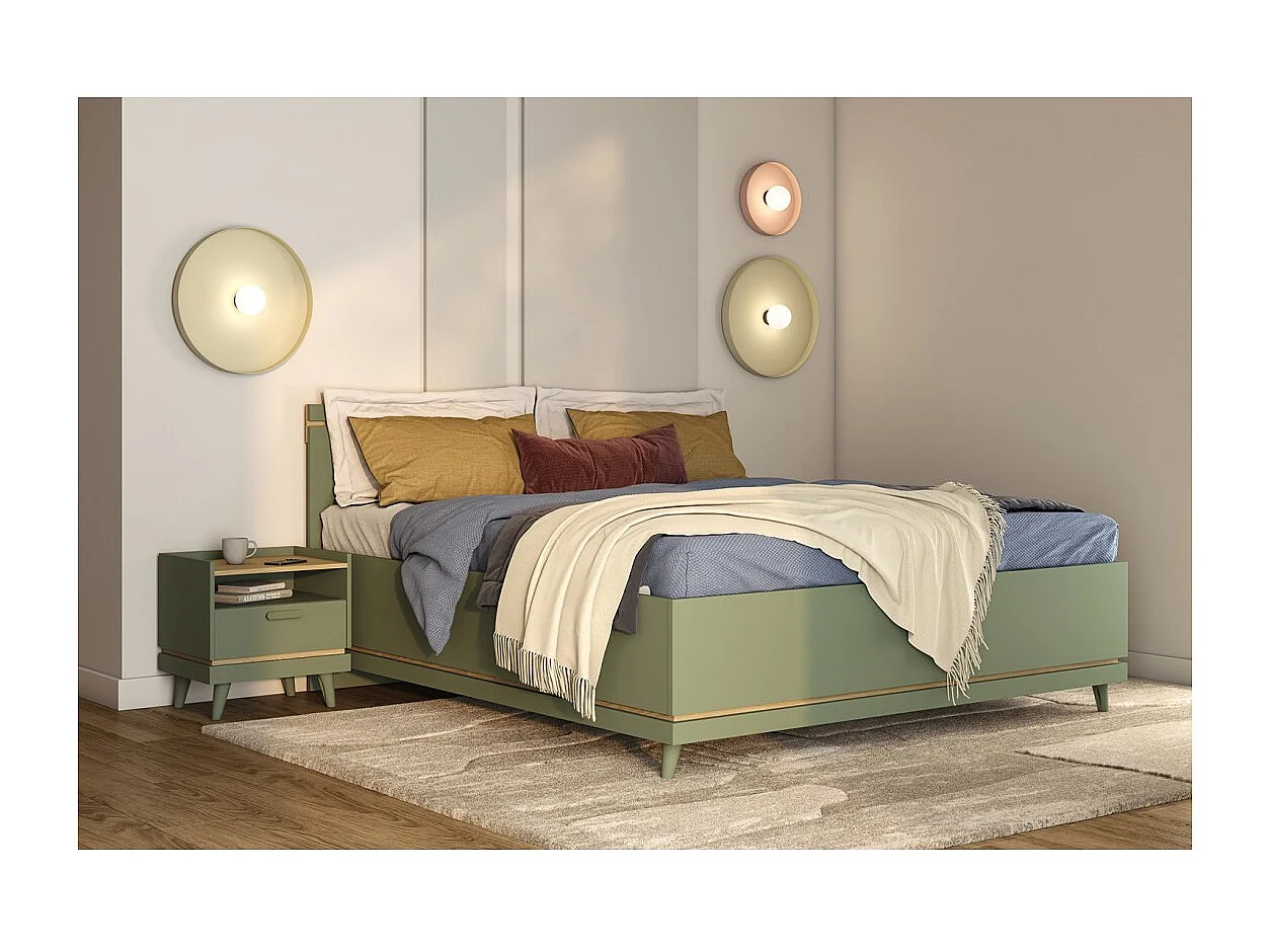 Lit NOKI – 180x200 cm vert et bois – Style scandinave