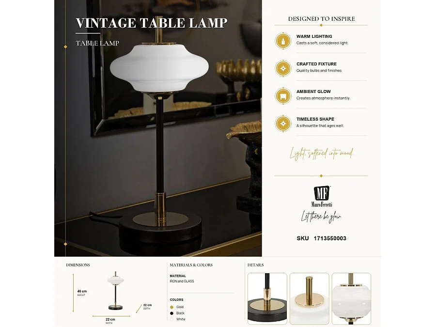 Lampe à Poser "Vintage" 46cm Blanc & Noir