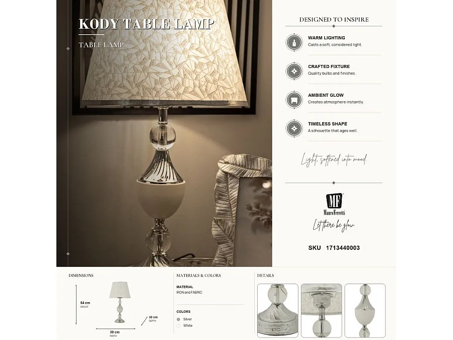 Lampa stołowa Kody, kolor srebrny i biały, żelazo i tkanina, 30 x 30 x 54 cm, 1 x E27