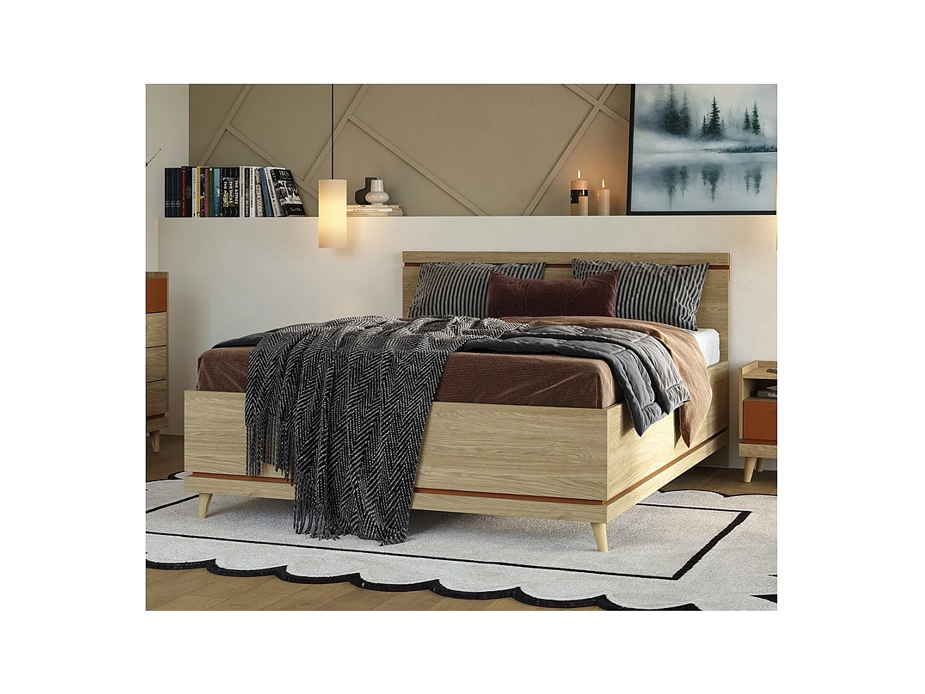 Lit NOKI – 180x200 cm chêne clair et moka – Style scandinave sans sommier