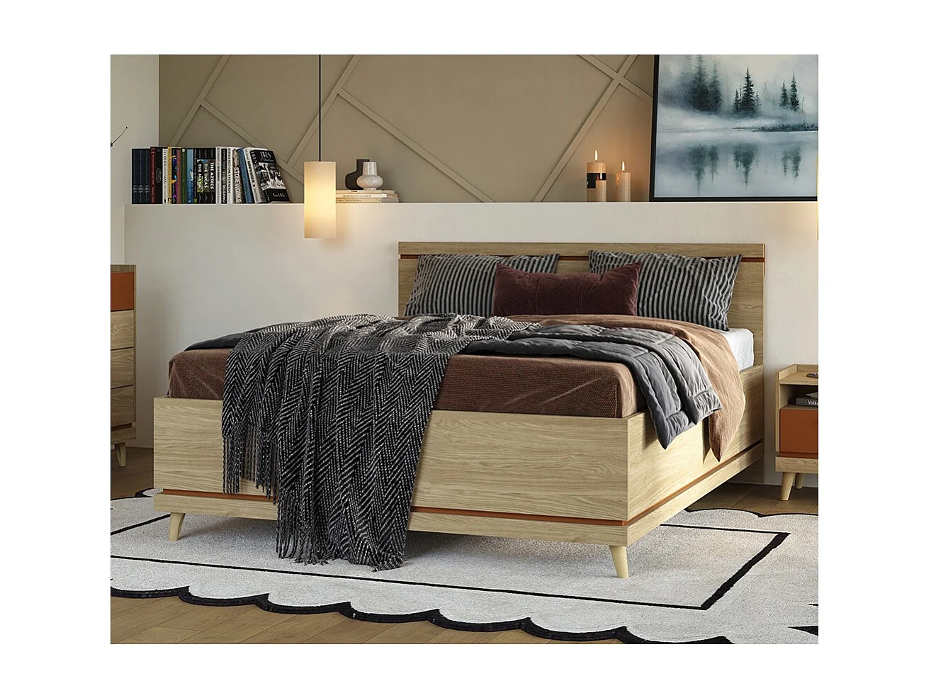 Lit NOKI – 160x200 cm chêne clair et moka – Style scandinave sans sommier