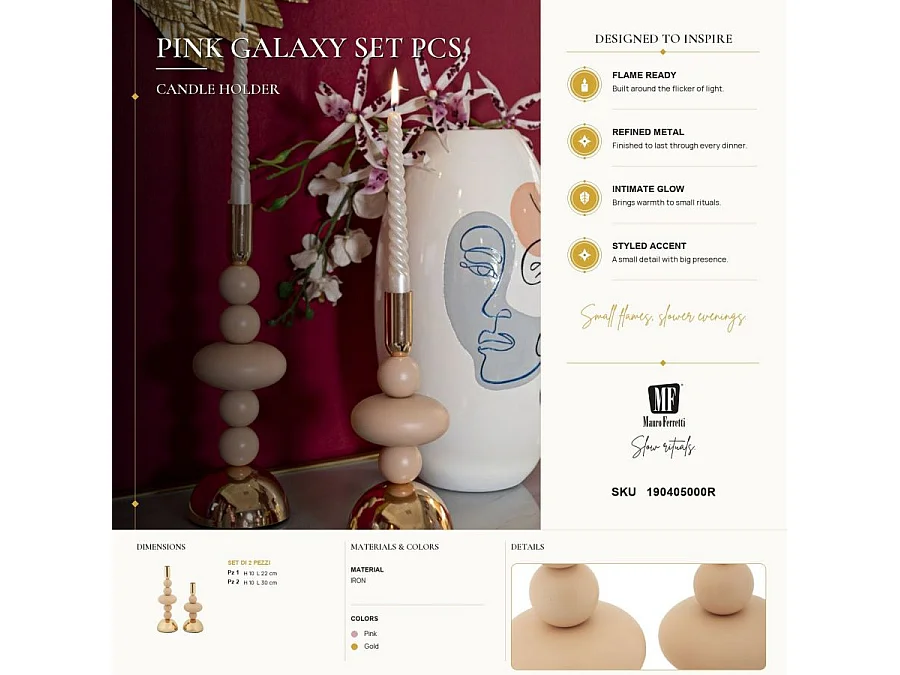 Set van 2 roze en gouden metalen kaarsenstandaards
