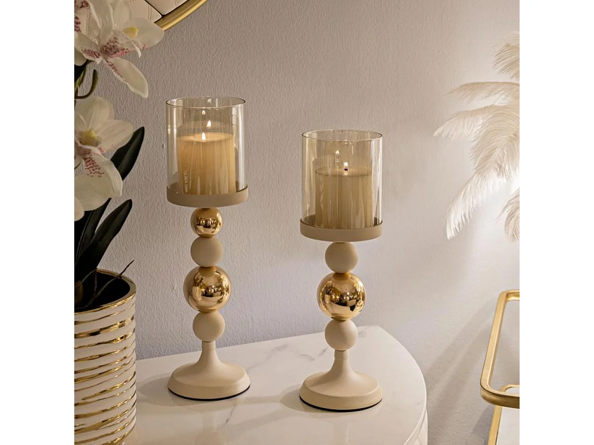 Set van 2 kandelaars - crèmekleurig, goudkleurig, ijzer, glamour stijl - Pack Glazed Set