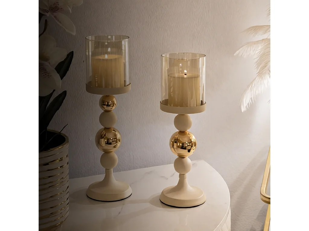 Set van 2 kandelaars - crèmekleurig, goudkleurig, ijzer, glamour stijl - Pack Glazed Set