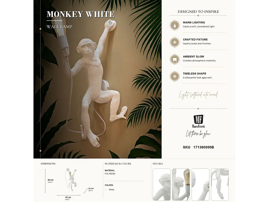 Lampe Murale Design "Singe" 64cm Blanc
