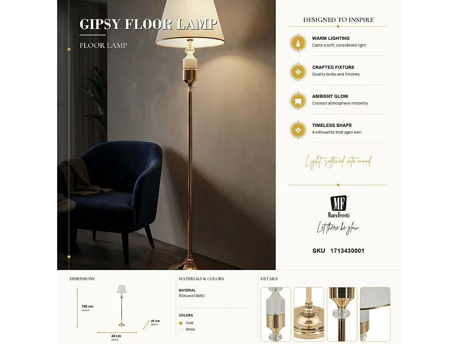 Stehlampe aus Metall und Stoff goldfarben und weiß