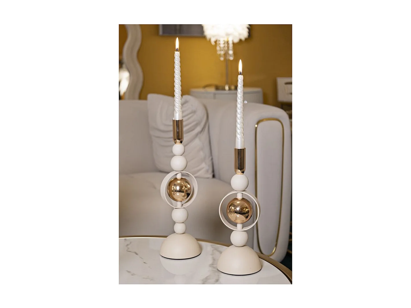 Lot de 2 Chandeliers "Saturn" 33cm Crème & Or