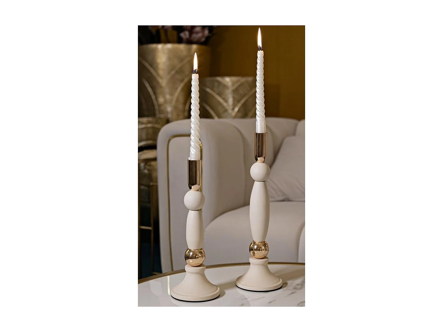 Lot de 2 Chandeliers "Strek" 30cm Crème & Or