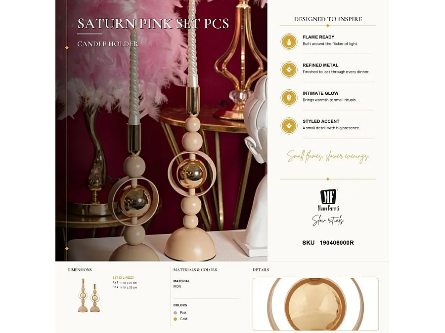 Kerzenhalter im 2er-Set für Innenräume - rosa, goldfarben, Eisen, Glamour-Stil - Saturn
