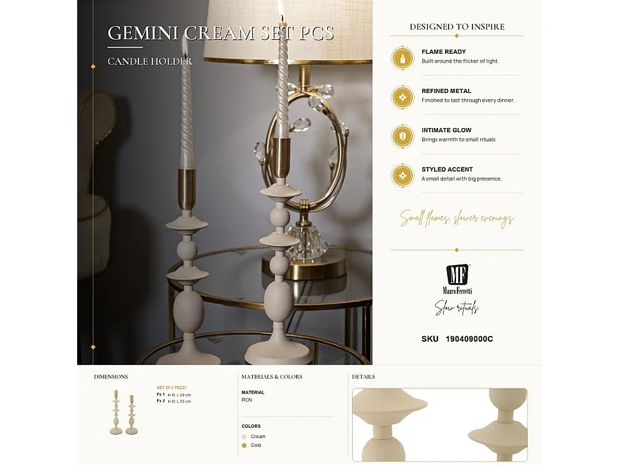 Kerzenhalter im 2er-Set für Innenräume - cremefarben, goldfarben, Eisen, Glamour - Gemini