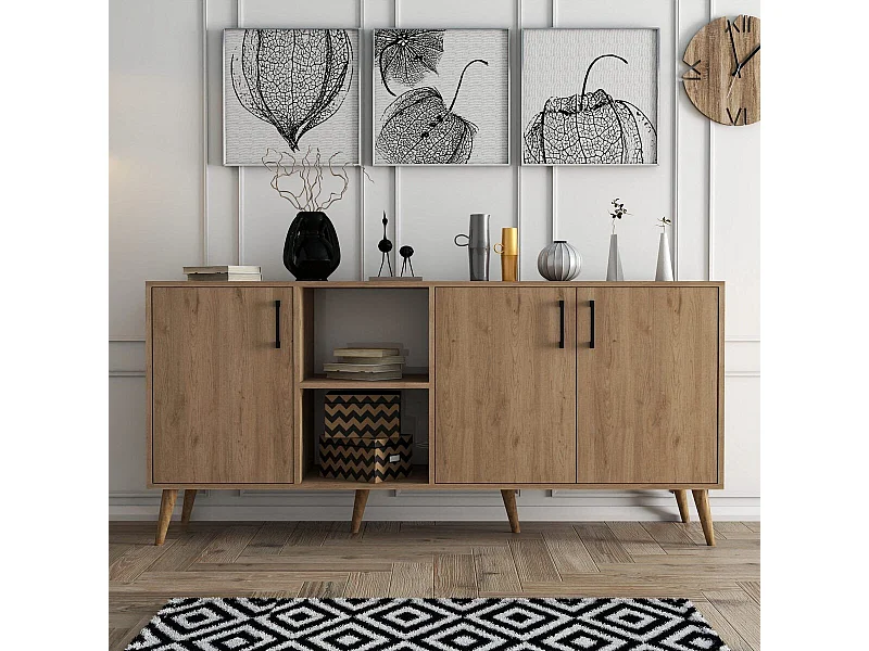 Buffet 3 portes et 2 niches ouvertes décor bois chêne L180 cm - EXXEN