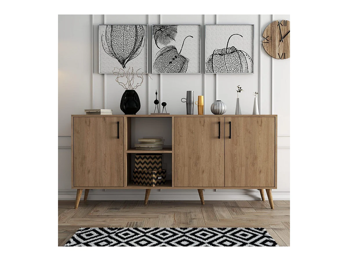 Buffet 3 portes et 2 niches ouvertes décor bois chêne L180 cm - EXXEN