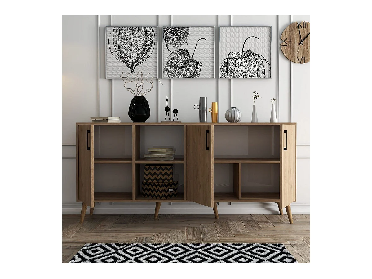 Buffet 3 portes et 2 niches ouvertes décor bois chêne L180 cm - EXXEN